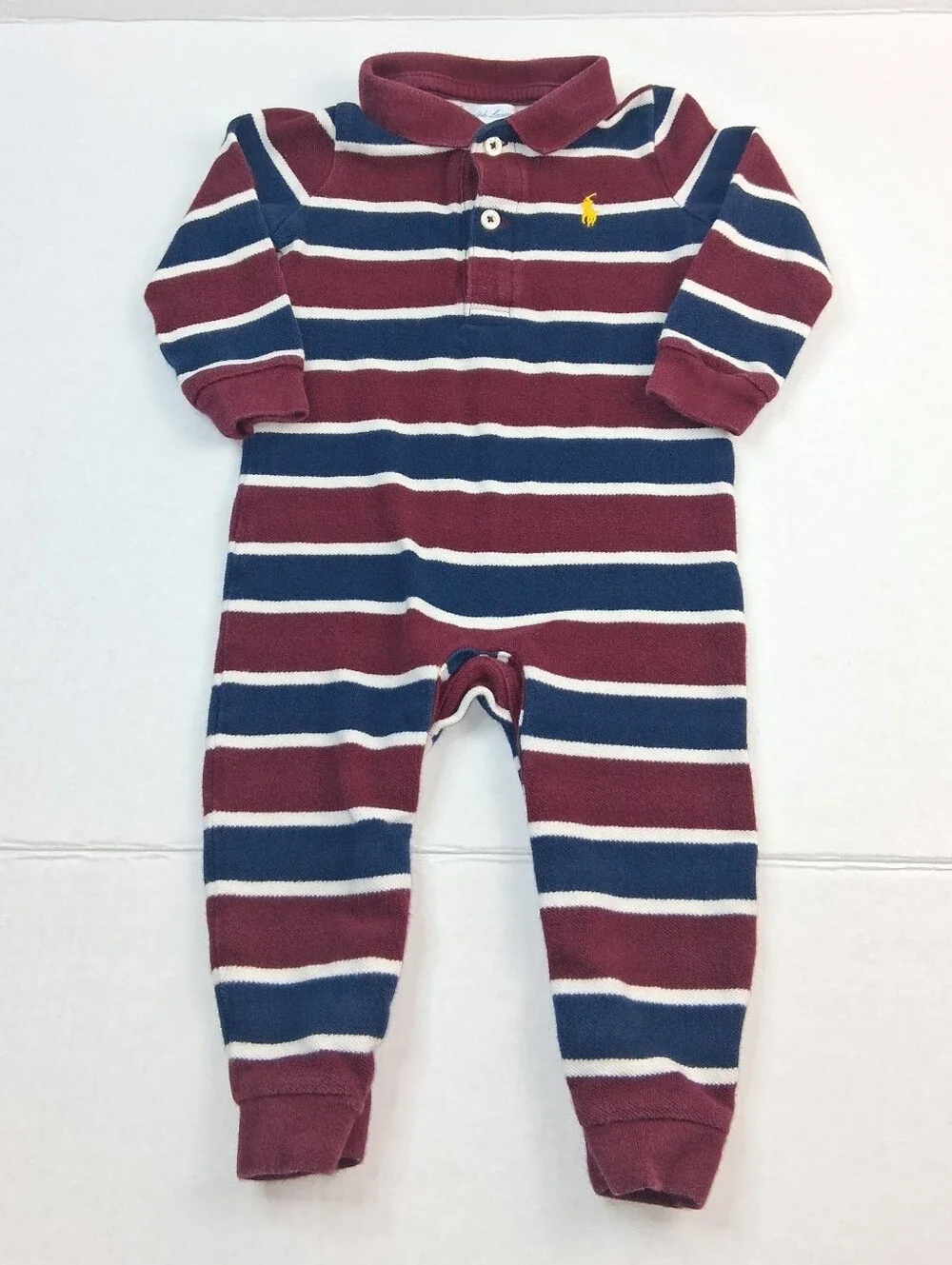 Ralph Lauren Burgundy Navy Blue Stripe Collared Bodysuit 9M
